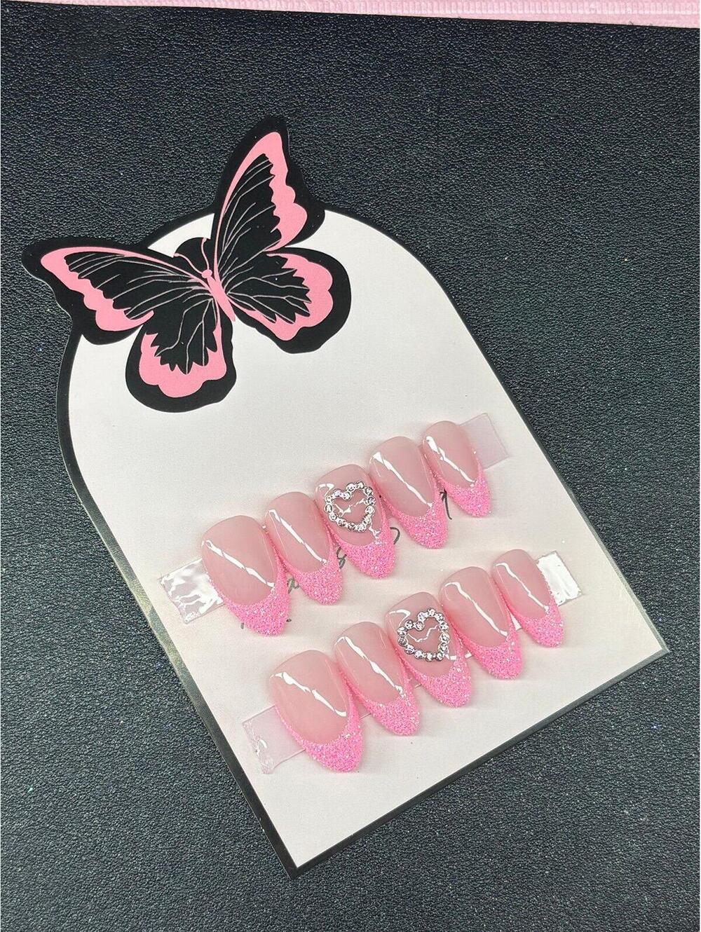 Medium almond press on nails pink glitter French tips heart nail charms handmade